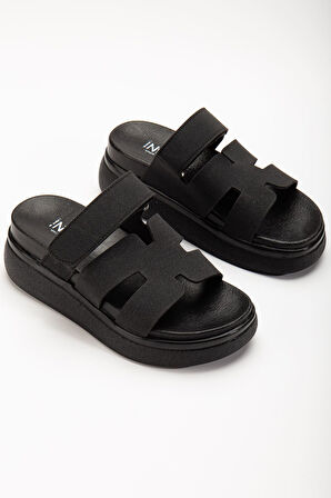 ASFSTORE 24422-HERMES Siyah Dolgu Topuk Kadın Sandalet