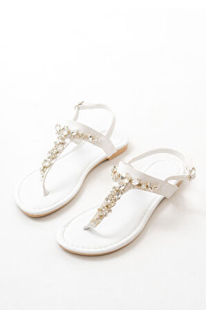 ASFSTORE 152-1110 Beyaz Gümüş Taşlı Parmak Arası Kadın Sandalet 