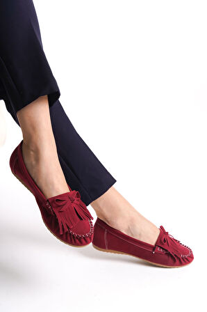 ASFSTORE PS-100 Bordo Süet Püsküllü Günlük Kadın Babet