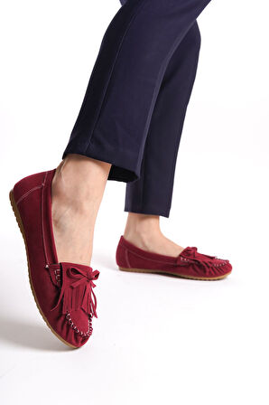 ASFSTORE PS-100 Bordo Süet Püsküllü Günlük Kadın Babet