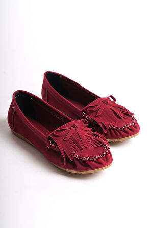 ASFSTORE PS-100 Bordo Süet Püsküllü Günlük Kadın Babet