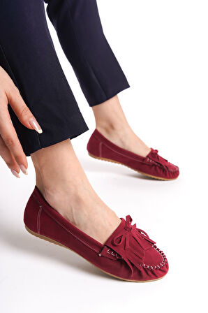 ASFSTORE PS-100 Bordo Süet Püsküllü Günlük Kadın Babet