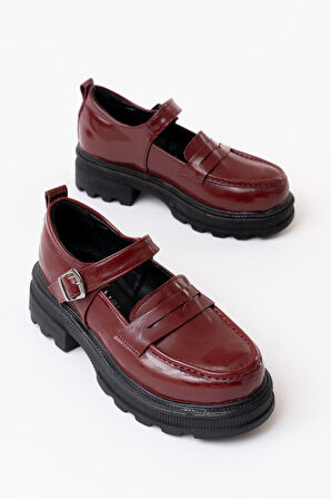 ASFSTORE 745-771 Bordo Rugan Kadın Günlük Yüksek Tabanlı Loafer Ayakkabı