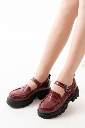 ASFSTORE 745-771 Bordo Rugan Kadın Günlük Yüksek Tabanlı Loafer Ayakkabı