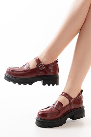 ASFSTORE 745-771 Bordo Rugan Kadın Günlük Yüksek Tabanlı Loafer Ayakkabı