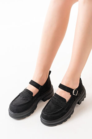 ASFSTORE 745-771 Siyah Süet Kadın Günlük Yüksek Tabanlı Loafer Ayakkabı