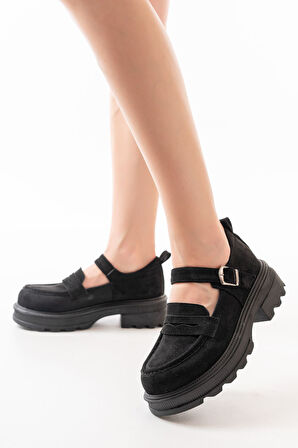 ASFSTORE 745-771 Siyah Süet Kadın Günlük Yüksek Tabanlı Loafer Ayakkabı