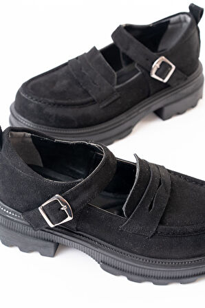 ASFSTORE 745-771 Siyah Süet Kadın Günlük Yüksek Tabanlı Loafer Ayakkabı