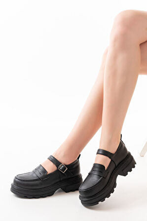 ASFSTORE 745-771 Siyah Kadın Günlük Yüksek Tabanlı Loafer Ayakkabı