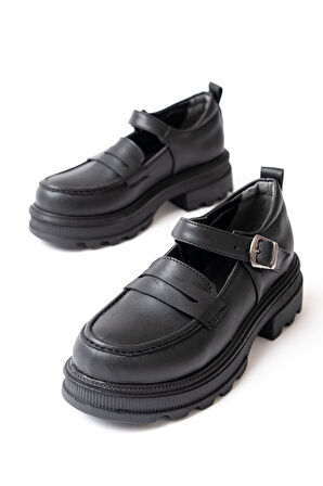 ASFSTORE 745-771 Siyah Kadın Günlük Yüksek Tabanlı Loafer Ayakkabı