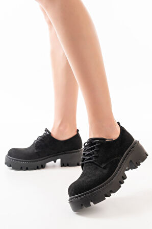 ASFSTORE 868-754 Siyah Süet Bağcıklı Günlük Yüksek Tabanlı Loafer Ayakkabı