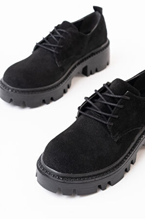 ASFSTORE 868-754 Siyah Süet Bağcıklı Günlük Yüksek Tabanlı Loafer Ayakkabı