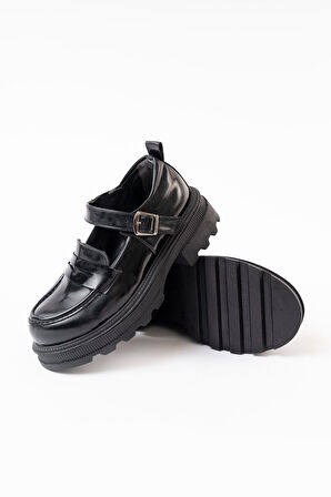 ASFSTORE 745-771 Siyah Rugan Günlük Yüksek Tabanlı Loafer Ayakkabı