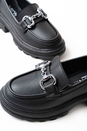 ASFSTORE 745-773 Siyah Günlük Yüksek Tabanlı Loafer Ayakkabı