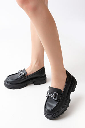 ASFSTORE 745-773 Siyah Günlük Yüksek Tabanlı Loafer Ayakkabı