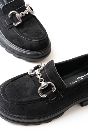 ASFSTORE 745-773 Siyah Süet Günlük Yüksek Tabanlı Loafer Ayakkabı