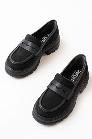 ASFSTORE 746-759 Siyah Süet Günlük Yüksek Tabanlı Loafer Ayakkabı