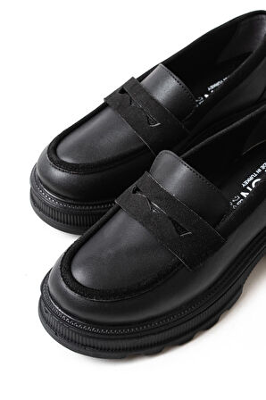 ASFSTORE 746-759 Siyah Günlük Yüksek Tabanlı Loafer Ayakkabı
