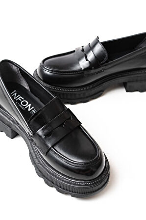 ASFSTORE 746-759 Siyah Rugan Günlük Yüksek Tabanlı Loafer Ayakkabı