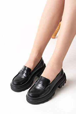ASFSTORE 746-759 Siyah Rugan Günlük Yüksek Tabanlı Loafer Ayakkabı