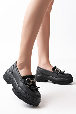 ASFSTORE 749-750 Siyah Tokalı Günlük Yüksek Tabanlı Loafer Ayakkabı