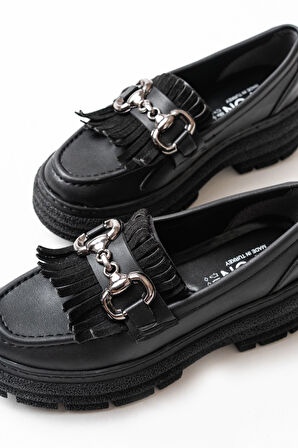 ASFSTORE 749-750 Siyah Tokalı Günlük Yüksek Tabanlı Loafer Ayakkabı