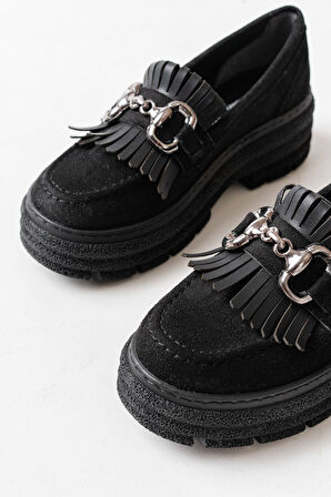 ASFSTORE 749-750 Siyah Süet Tokalı Günlük Yüksek Tabanlı Loafer Ayakkabı
