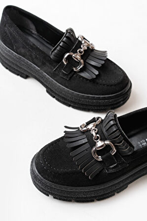 ASFSTORE 749-750 Siyah Süet Tokalı Günlük Yüksek Tabanlı Loafer Ayakkabı