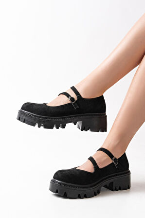 ASFSTORE 868-756 Siyah Süet Günlük Yüksek Tabanlı Loafer Ayakkabı