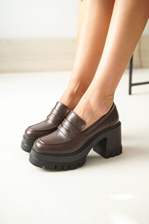 ASFSTORE NVL-506 Kahverengi Günlük Yüksek Topuklu Platform Loafer Kadın Ayakkabı