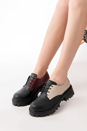 ASFSTORE 868-754 Siyah Garni Bağcıklı Günlük Yüksek Tabanlı Loafer Ayakkabı