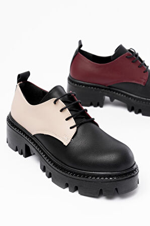 ASFSTORE 868-754 Siyah Garni Bağcıklı Günlük Yüksek Tabanlı Loafer Ayakkabı