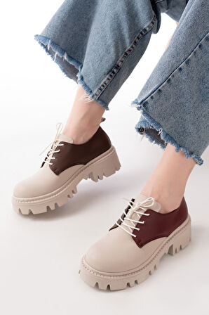 ASFSTORE 868-754 Bej Garni Bağcıklı Günlük Yüksek Tabanlı Loafer Ayakkabı