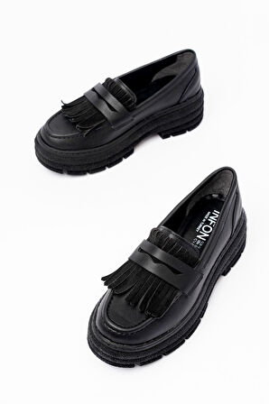 ASFSTORE 749-749 Siyah Günlük Yüksek Tabanlı Loafer Ayakkabı