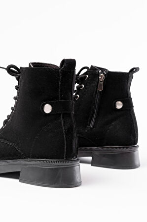 ASFSTORE 02-2003 Siyah Süet Bağcıklı Fermuarlı Günlük Kadın Bot