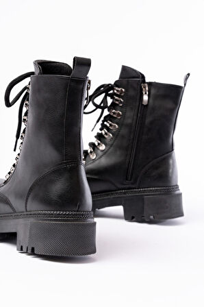 ASFSTORE 812-2121 Siyah Cilt Bağcıklı Fermuarlı Günlük Kadın Bot 