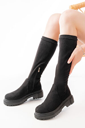 ASFSTORE 812-2291 Siyah Süet Fermuarlı Günlük Kadın Çizme