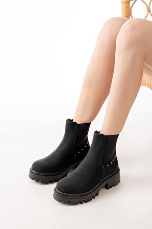 ASFSTORE 868-2005 Siyah Zümrüt Lastikli Günlük Kadın Bot