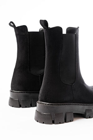 ASFSTORE FZ-299 Siyah Süet Yüksek Tabanlı Lastikli Günlük Kadın Bot 