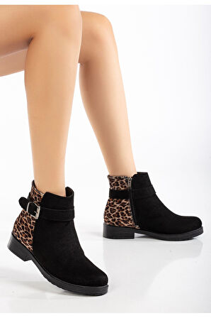 ASFSTORE 165-204/1 Siyah Süete Leopar Toka Aksesuarlı Fermuarlı Günlük Kadın Bot