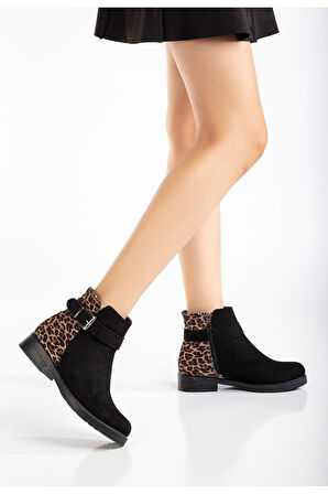 ASFSTORE 165-204/1 Siyah Süete Leopar Toka Aksesuarlı Fermuarlı Günlük Kadın Bot
