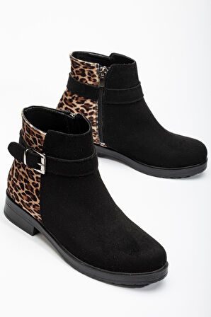 ASFSTORE 165-204/1 Siyah Süete Leopar Toka Aksesuarlı Fermuarlı Günlük Kadın Bot