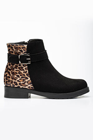 ASFSTORE 165-204/1 Siyah Süete Leopar Toka Aksesuarlı Fermuarlı Günlük Kadın Bot