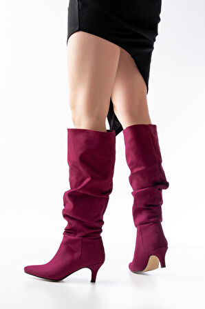 ASFSTORE SR-2001 Bordo Süet İnce Topuklu Günlük Bayan Çizme