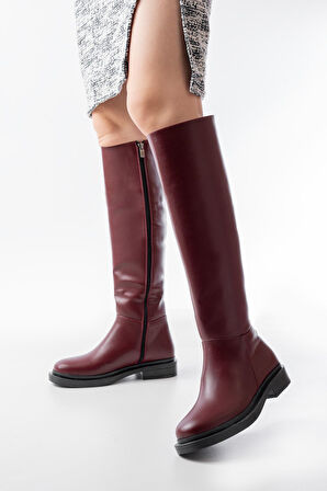 ASFSTORE 2024-3007 Bordo Fermuarlı Günlük Kadın Çizme  
