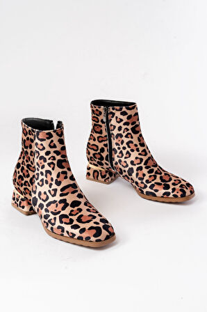 ASFSTORE RM-500 Leopar Topuklu Fermuarlı Günlük Kadın Bot 