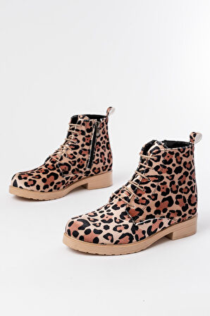 ASFSTORE 165-225 Leopar Bağcıklı Fermuarlı Günlük Kadın Bot