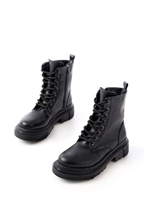 ASFSTORE 812-356 Siyah Bağcıklı Fermuarlı Günlük Kadın Bot