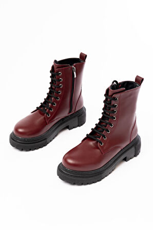 ASFSTORE 812-356 Bordo Bağcıklı Fermuarlı Günlük Kadın Bot