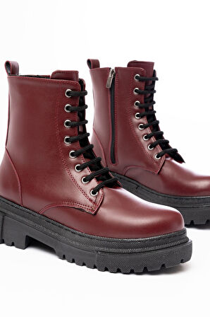 ASFSTORE 812-356 Bordo Bağcıklı Fermuarlı Günlük Kadın Bot
